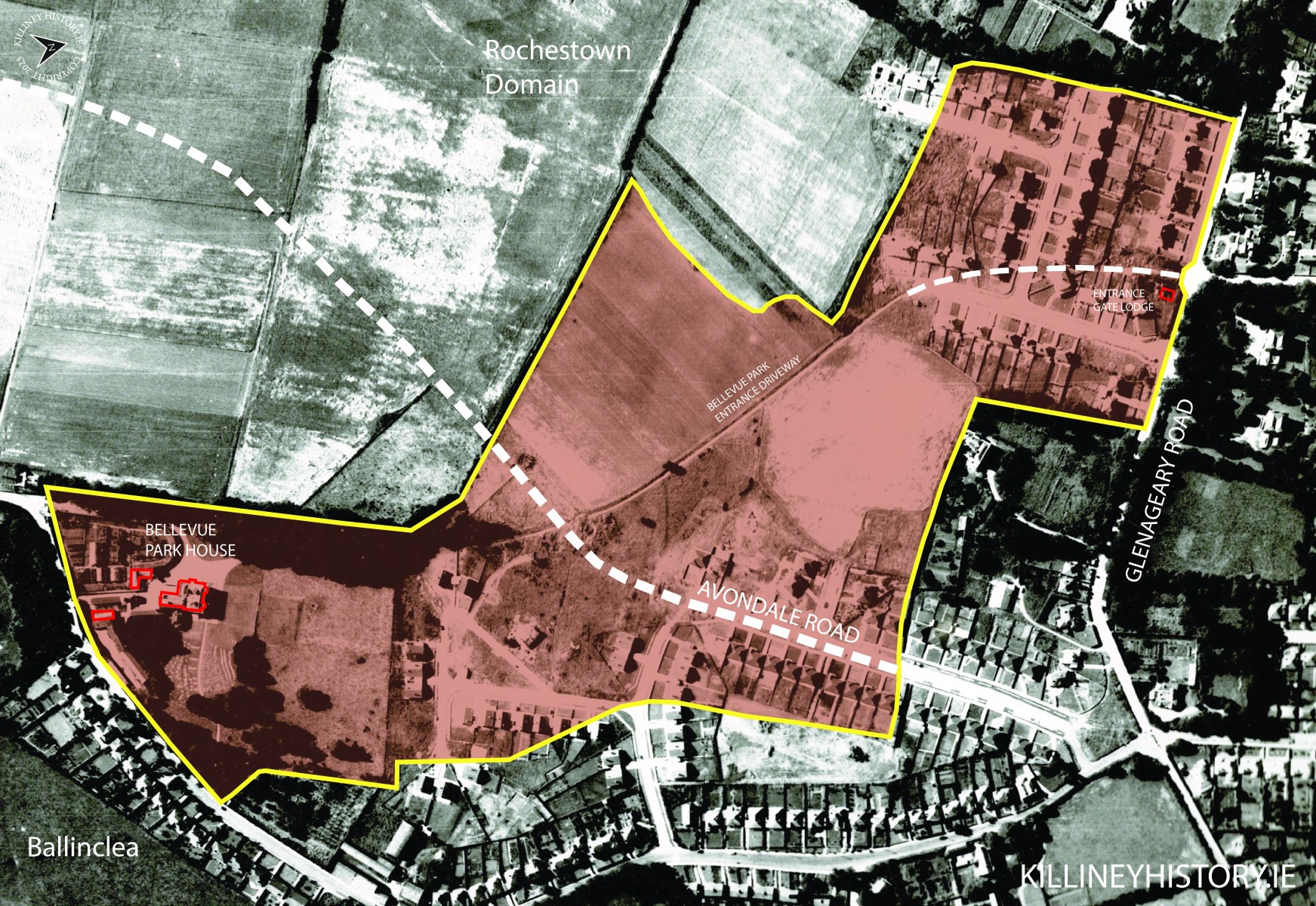 Bellevue Park Estate highlighted on 1958 aerial photo (click to enlarge)